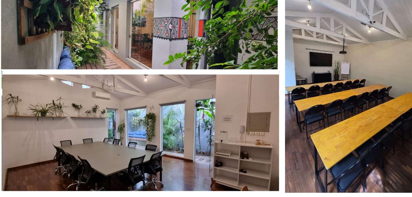 Sala Jardim montada com mesa única e luz natural