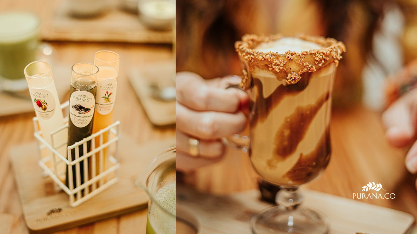 Shots Purana em tubos de ensaio e drink cremoso com borda de castanhas