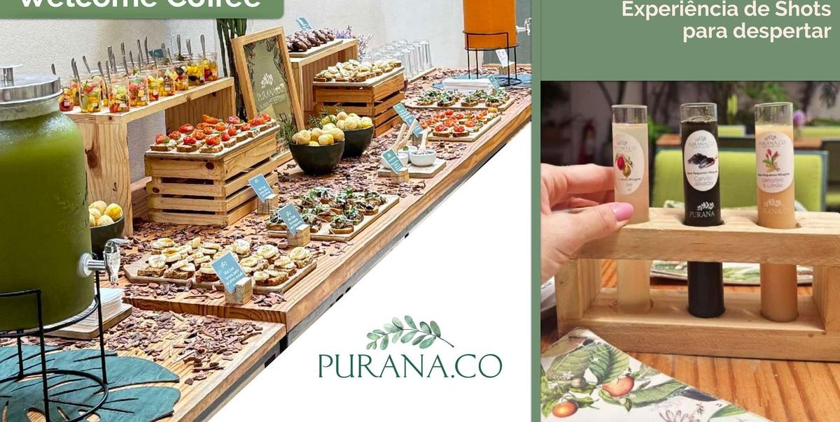 Mesa de welcome coffee do Purana com sucos, bolos e experiência de shots