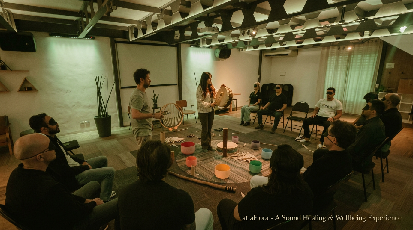 Sessão de sound healing no salão do aFlora