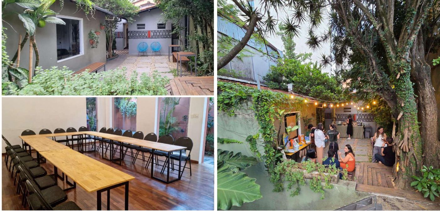 Área externa da Sala Jardim com mesa comunitária